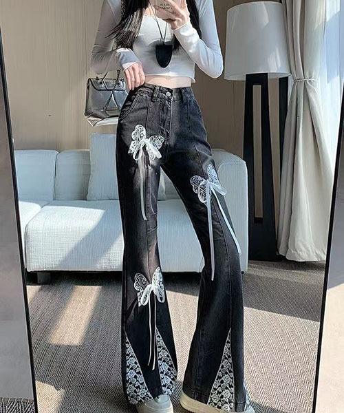 gossip!ロサンゼルス(ゴシップロサンゼルス)の「レース蝶リボン装飾 裾パッチワーク ハイウエストフレアデニムパンツ レディース Y2K 甘辛ストリート(デニムパンツ・レディース・ブラック・S/M/L)」の11枚目の写真