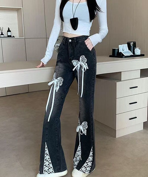 gossip!ロサンゼルス(ゴシップロサンゼルス)の「レース蝶リボン装飾 裾パッチワーク ハイウエストフレアデニムパンツ レディース Y2K 甘辛ストリート(デニムパンツ・レディース・ブラック・S/M/L)」の12枚目の写真