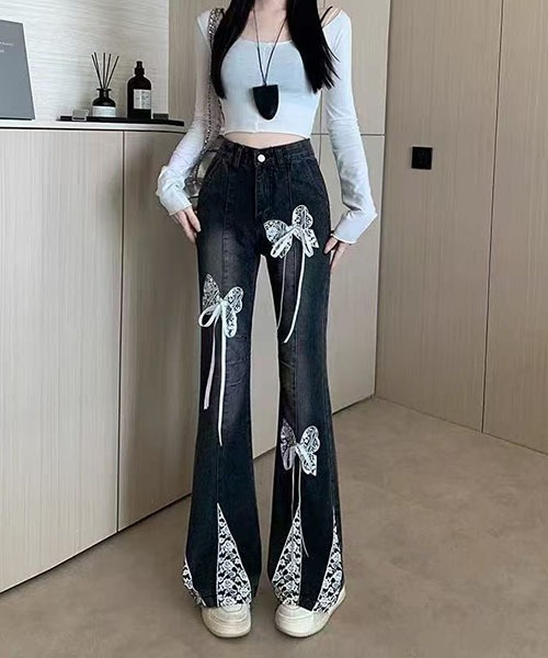 gossip!ロサンゼルス(ゴシップロサンゼルス)の「レース蝶リボン装飾 裾パッチワーク ハイウエストフレアデニムパンツ レディース Y2K 甘辛ストリート(デニムパンツ・レディース・ブラック・S/M/L)」の15枚目の写真