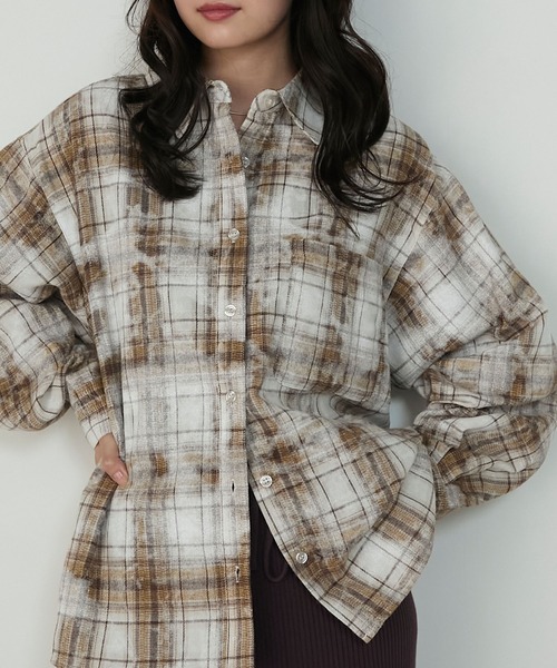 forksy.】ブリーチ加工オンブレチェックオーバーサイズシャツ forksy
