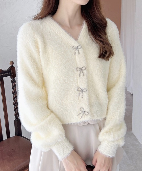 美品 インゲボルグ ニットリボンカーディガン モヘア Vネック 白 WEB限定】Vネックリボンボタンフェザーニットカーディガン（ニット