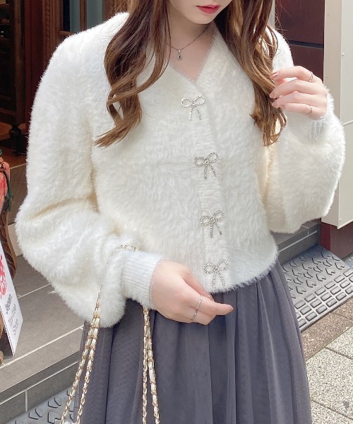 WEB限定】Vネックリボンボタンフェザーニットカーディガン（ニット