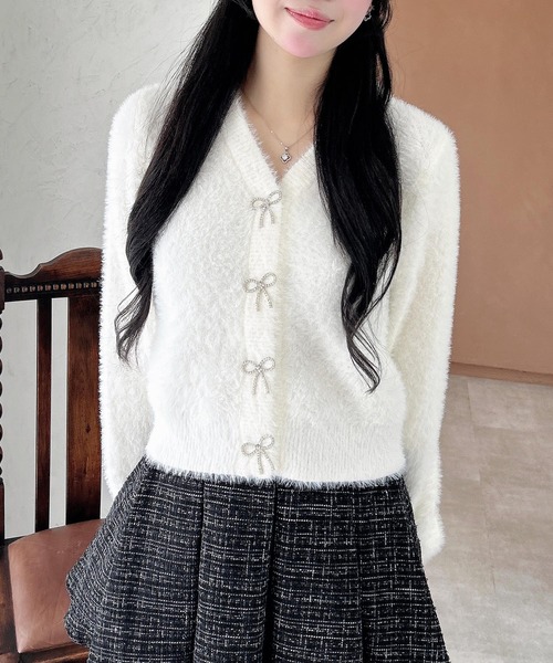 WEB限定】Vネックリボンボタンフェザーニットカーディガン（ニット