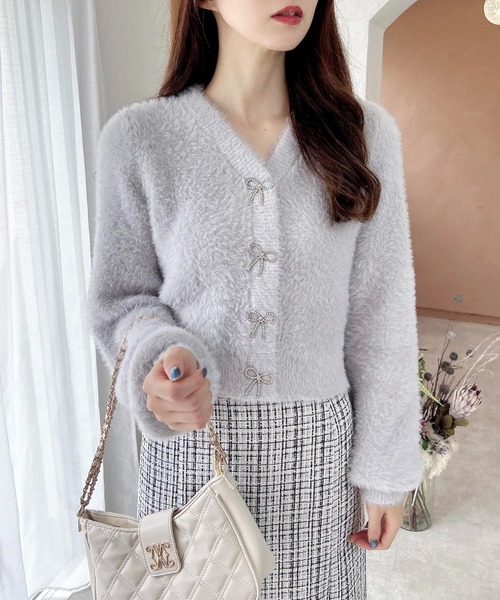 WEB限定】Vネックリボンボタンフェザーニットカーディガン（ニット