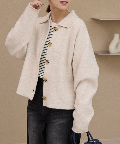 THE CRAFT CREW PRODUCTS(ザクラフトクループロダクツ)の「襟付きジャガードニットカーディガン【THE CRAFT CREW PRODUCTS】(カーディガン/ボレロ・レディース・チャコールグレー/ブラック/アイボリー・FREE)」の2枚目の写真