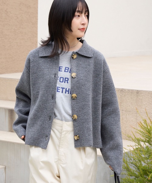 ウール混紡 襟付きボタンカーディガン セール】 ウール混 襟付きカーディガン （カーディガン・ボレロ