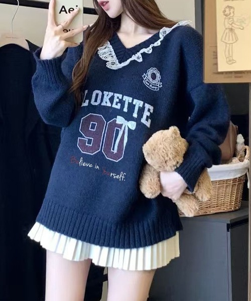 Lace Ladies（レースレディース）の「Vネック 配レース カレッジ柄 ニット プルオーバー（ニット/セーター・レディース・アイボリー/ネイビー/グレー・FREE）」の3枚目の写真