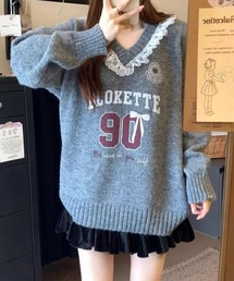 Vネック 配レース カレッジ柄 ニット プルオーバー