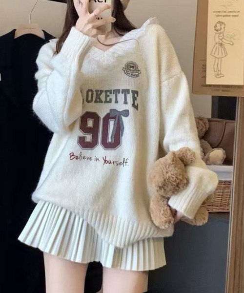 Lace Ladies（レースレディース）の「Vネック 配レース カレッジ柄 ニット プルオーバー（ニット/セーター・レディース・アイボリー/ネイビー/グレー・FREE）」の2枚目の写真