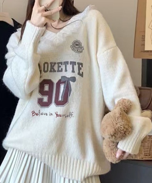 Lace Ladies（レースレディース）の「Vネック 配レース カレッジ柄 ニット プルオーバー（ニット/セーター・レディース・アイボリー/ネイビー/グレー・FREE）」の10枚目の写真