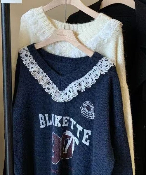 Lace Ladies（レースレディース）の「Vネック 配レース カレッジ柄 ニット プルオーバー（ニット/セーター・レディース・アイボリー/ネイビー/グレー・FREE）」の12枚目の写真