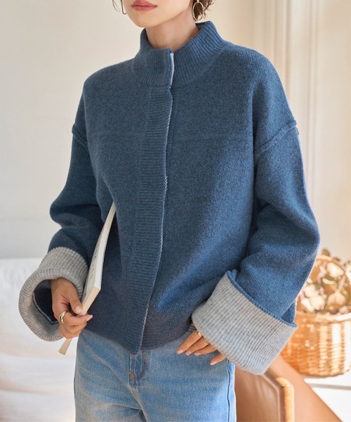 セール】袖バイカラーニットジャケット（カーディガン/ボレロ）｜KOBE