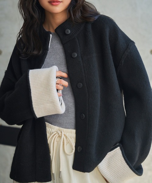 袖バイカラーニットジャケット（カーディガン/ボレロ）｜KOBE LETTUCE