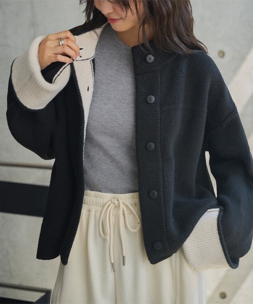 袖バイカラーニットジャケット（カーディガン/ボレロ）｜KOBE LETTUCE