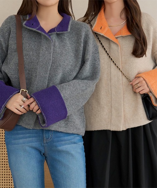 セール】袖バイカラーニットジャケット（カーディガン/ボレロ）｜KOBE