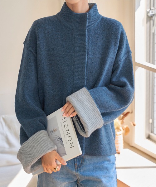 袖バイカラーニットジャケット（カーディガン/ボレロ）｜KOBE LETTUCE