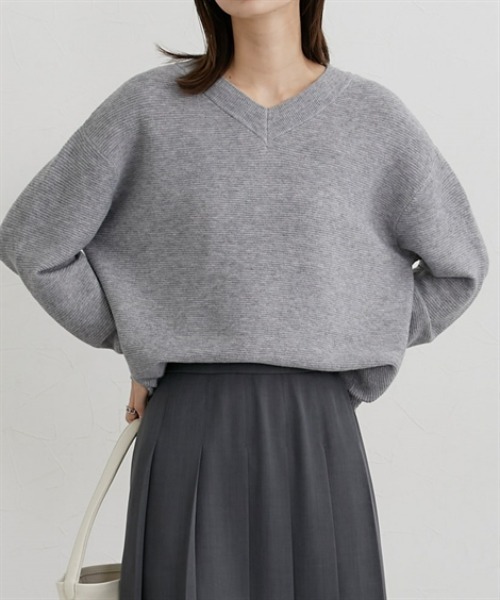 もちもち素材 ガーター編みVネックニット（ニット/セーター）｜nissen