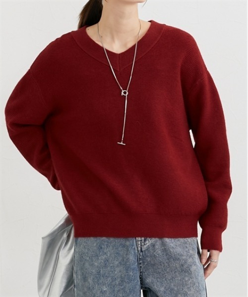 セール】もちもち素材 ガーター編みVネックニット（ニット/セーター