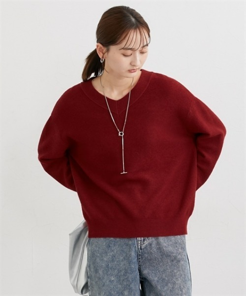 セール】もちもち素材 ガーター編みVネックニット（ニット/セーター