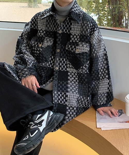 BENDER TOKYO(ベンダートウキョウ)の「【BENDER TOKYO】フェイクポケット付き ツイード チェック柄 シャツジャケット(ブルゾン・メンズ・グレー/ネイビー・M/L/XL/2XL)」の2枚目の写真