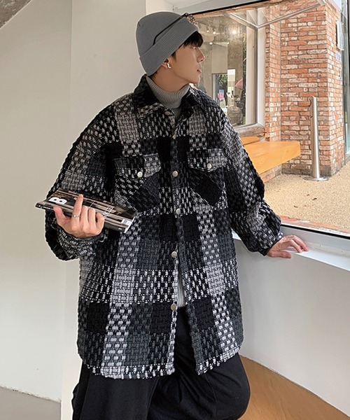 BENDER TOKYO(ベンダートウキョウ)の「【BENDER TOKYO】フェイクポケット付き ツイード チェック柄 シャツジャケット(ブルゾン・メンズ・グレー/ネイビー・M/L/XL/2XL)」の12枚目の写真