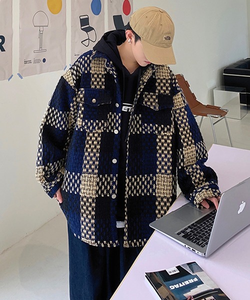BENDER TOKYO(ベンダートウキョウ)の「【BENDER TOKYO】フェイクポケット付き ツイード チェック柄 シャツジャケット(ブルゾン・メンズ・グレー/ネイビー・M/L/XL/2XL)」の8枚目の写真
