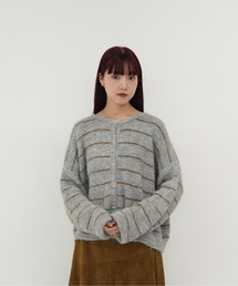 【 cunii 】レディース ボーダー ニット カーディガン パールボタン ふわふわ モヘア風 長袖 体型カバー ガーリー 韓国 秋冬