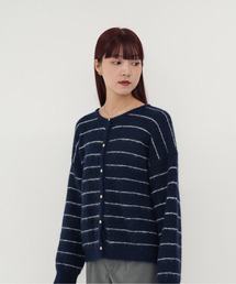 【 cunii 】レディース ボーダー ニット カーディガン パールボタン ふわふわ モヘア風 長袖 体型カバー ガーリー 韓国 秋冬