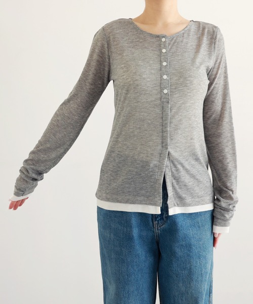 andme(アンドミー)の「【新色追加】バイカラー・ヘンリーネック長袖シアートップス(Tシャツ/カットソー・レディース・グレー系/ピンク系/イエロー系/ブラック系/ピンク系その他/ブラウン系・FREE)」の7枚目の写真