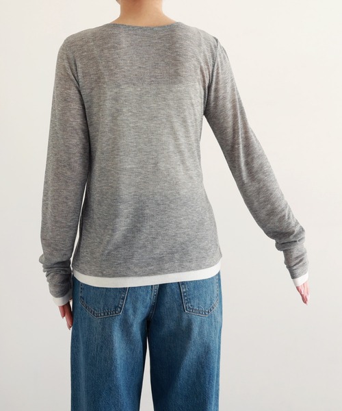 andme(アンドミー)の「【新色追加】バイカラー・ヘンリーネック長袖シアートップス(Tシャツ/カットソー・レディース・グレー系/ピンク系/イエロー系/ブラック系/ピンク系その他/ブラウン系・FREE)」の9枚目の写真