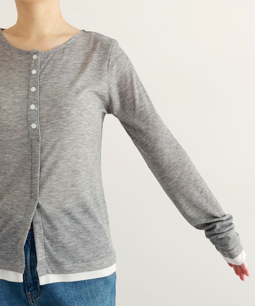 andme(アンドミー)の「【新色追加】バイカラー・ヘンリーネック長袖シアートップス(Tシャツ/カットソー・レディース・グレー系/ピンク系/イエロー系/ブラック系/ピンク系その他/ブラウン系・FREE)」の12枚目の写真