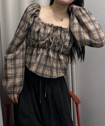 Nu（ニュー）の「【Nu】チェック柄ボートネックブラウス（シャツ/ブラウス）」