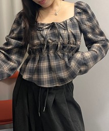 Nu（ニュー）の「【Nu】チェック柄ボートネックブラウス（シャツ/ブラウス）」