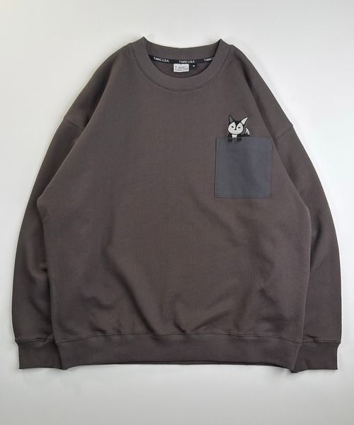 T-MAC キツネのぞき刺繍 オーバーサイズ 裏毛スウェット クルー