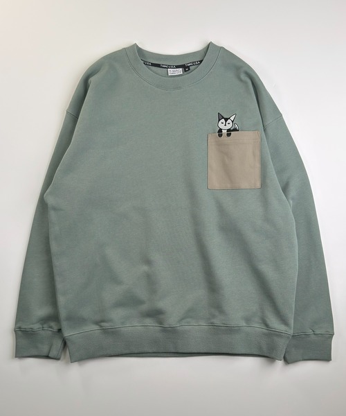 T-MAC キツネのぞき刺繍 オーバーサイズ 裏毛スウェット クルー