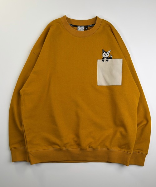 T-MAC キツネのぞき刺繍 オーバーサイズ 裏毛スウェット クルー