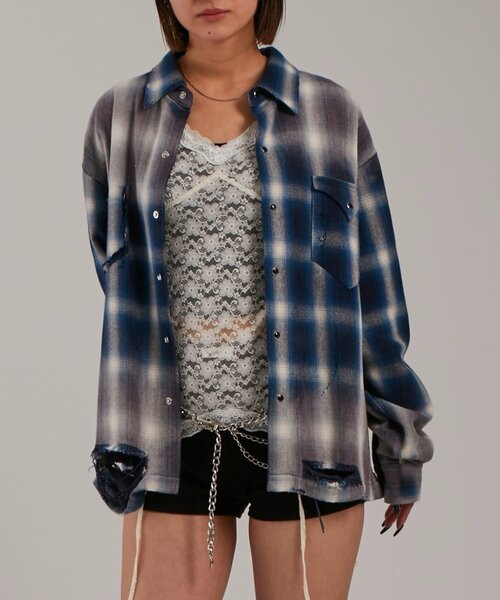 WHO'S WHO gallery(フーズフーギャラリー)の「【FromVintage】ダメージチェックシャツ(シャツ/ブラウス・メンズ・ブラック/ブルー・FREE)」の6枚目の写真