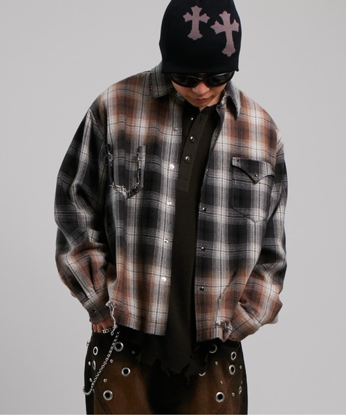 WHO'S WHO gallery（フーズフーギャラリー）の「【FromVintage】ダメージチェックシャツ（シャツ/ブラウス・メンズ・ブラック/ブルー・FREE）」の3枚目の写真