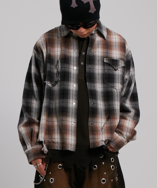 WHO'S WHO gallery(フーズフーギャラリー)の「【FromVintage】ダメージチェックシャツ(シャツ/ブラウス・メンズ・ブラック/ブルー・FREE)」の4枚目の写真