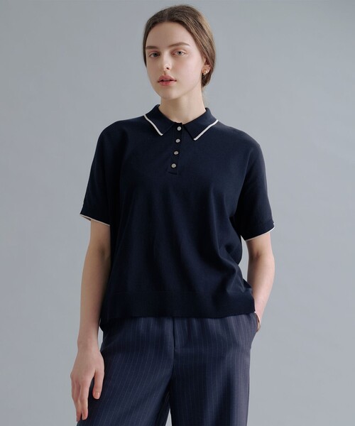 J.PRESS（ジェイプレス）の「DRY COTTON ポロ ニット（ニット/セーター・レディース・アイボリー系/ネイビー系1/サックスブルー系/ネイビー系・LARGE/MEDIUM）」の2枚目の写真
