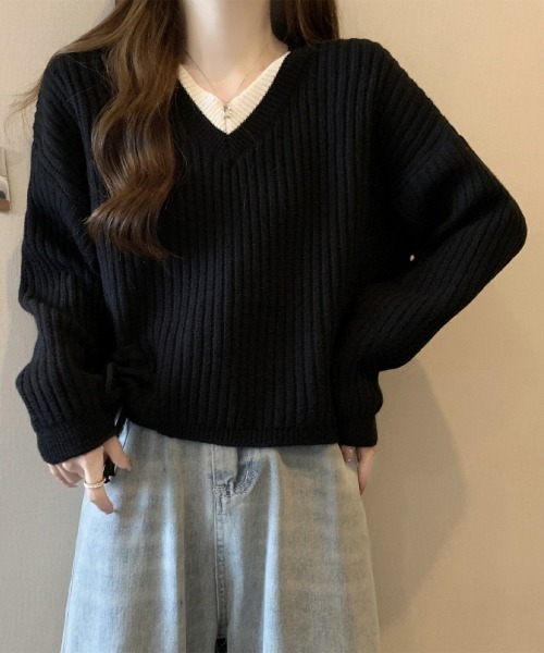 Miniministore(ミニミニストア)の「Vネックリブニットトップス 暖かいニット(ニット/セーター・レディース・アイボリー/ブラック/カーキブラウン・FREE)」の1枚目の写真