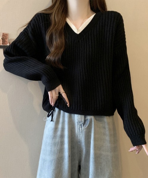 Miniministore(ミニミニストア)の「Vネックリブニットトップス 暖かいニット(ニット/セーター・レディース・アイボリー/ブラック/カーキブラウン・FREE)」の7枚目の写真