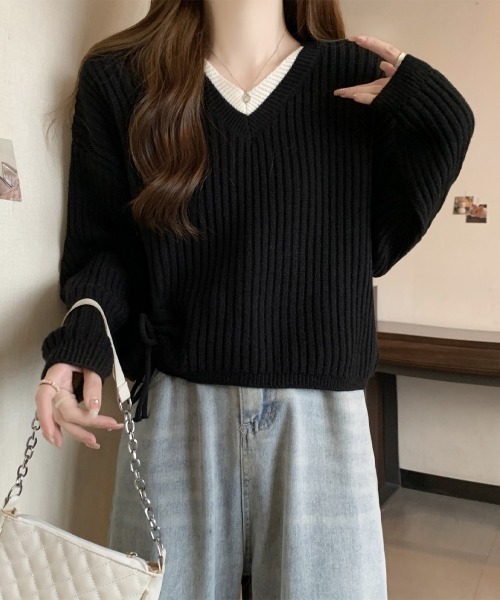 Miniministore(ミニミニストア)の「Vネックリブニットトップス 暖かいニット(ニット/セーター・レディース・アイボリー/ブラック/カーキブラウン・FREE)」の8枚目の写真