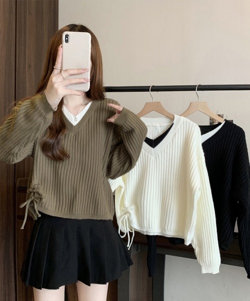 Miniministore(ミニミニストア)の「Vネックリブニットトップス 暖かいニット(ニット/セーター・レディース・アイボリー/ブラック/カーキブラウン・FREE)」の9枚目の写真