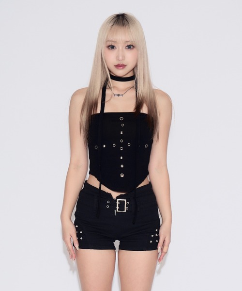 tinkerend(ティンカーエンド)の「Studded Hole Tube Top / スタッズホールチューブトップ カップ付(チューブトップ・レディース・ホワイト/ブラック・FREE)」の4枚目の写真