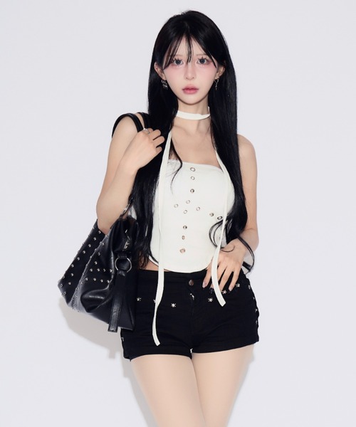 tinkerend(ティンカーエンド)の「Studded Hole Tube Top / スタッズホールチューブトップ カップ付(チューブトップ・レディース・ホワイト/ブラック・FREE)」の17枚目の写真