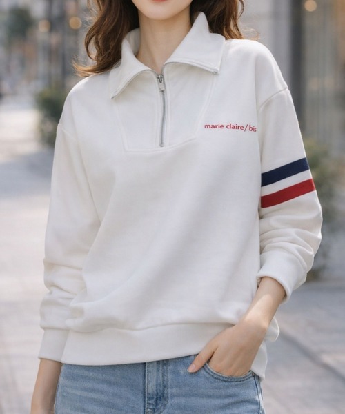marie claire bis(マリクレール ビス)の「marie claire/bis UVハーフジップトップス(Tシャツ/カットソー・レディース・オフホワイト/ネイビー・MEDIUM/LARGE/LL/3L)」の1枚目の写真