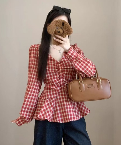 AsheKsha(アシクシャ)の「2色から選べる/ウエスト絞りプリーツトップス(シャツ/ブラウス・レディース・ホワイト/レッド・M)」の12枚目の写真