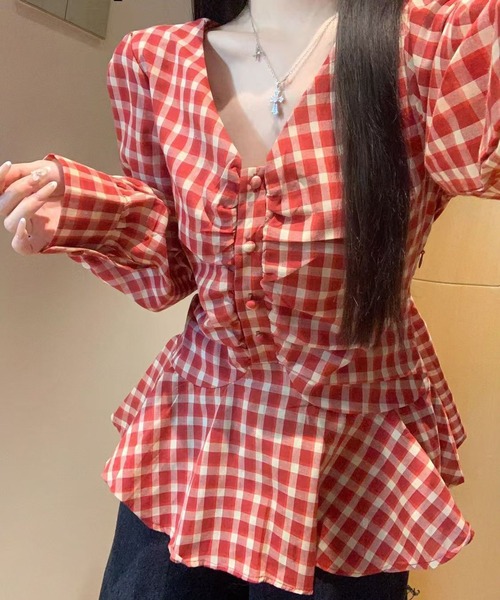 AsheKsha(アシクシャ)の「2色から選べる/ウエスト絞りプリーツトップス(シャツ/ブラウス・レディース・ホワイト/レッド・M)」の13枚目の写真