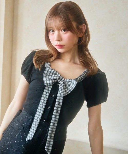 TITTY&CO.（ティティーアンドコー）の「ギンガムリボン半袖トップス（Tシャツ/カットソー・レディース・ホワイト/グレー/ブラック・FREE）」の3枚目の写真